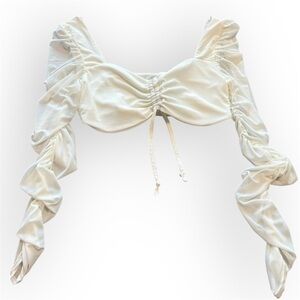 Club L London | white Crop long sleeve top with ruched arms + front drawstring 4